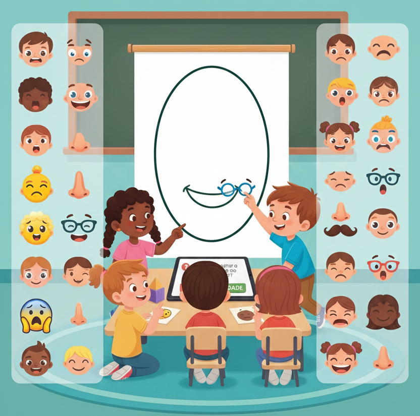 Ilustração colorida de partes de um rosto para montar.